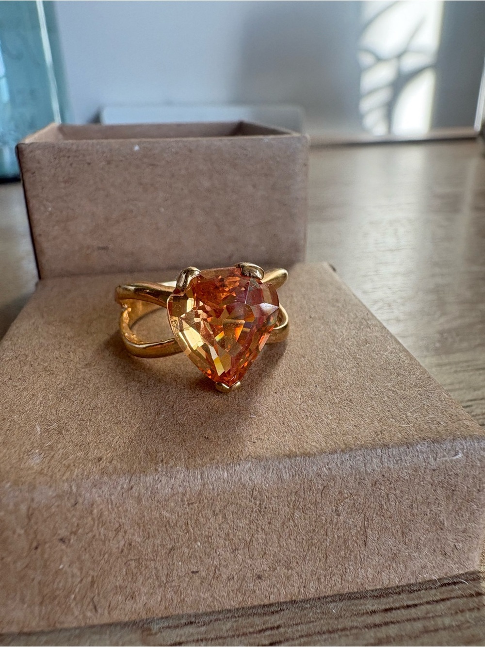 Gold-Tone Heart Ring with Orange Crystal
